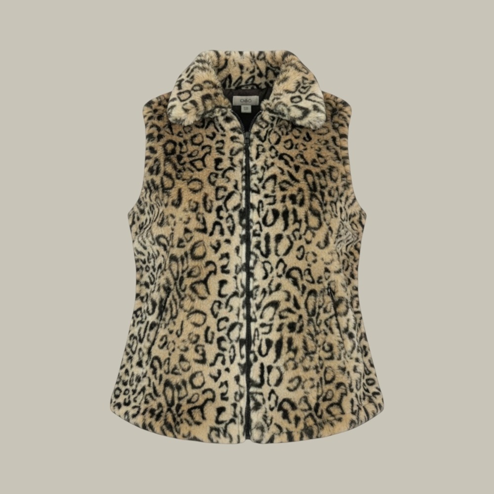 Cato Faux Fur Vest Large Leopard Print Brown Tan Animal Print Zip Gilet Pockets